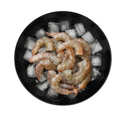 Fresh raw shrimps with ice cubes in bowl isolated on white, top view