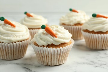 Delicious carrot cupcakes on white marble table, closeup