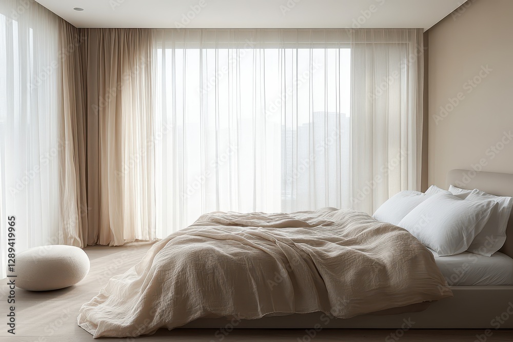 Poster relaxing bedroom with soft sunlight filtering through sheer curtains in a modern home setting