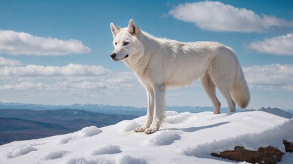 Obraz premium majestic white wolf standing atop a snowy hill with a clear blue sky, embodying strength, freedom, and the beauty of the wilderness