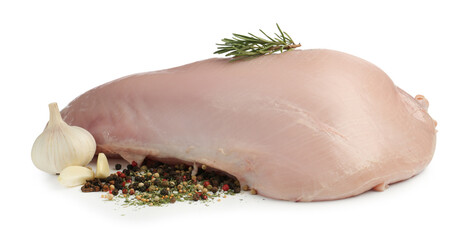 Raw turkey breast and spices isolated on white