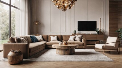 stylish and cozy modern living room featuring a beige sectional sofa, rustic wooden table, and large windows offering natural light, perfect for relaxing or entertaining