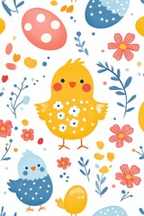 Charming seamless Easter pattern showcasing eggs, chicks, flowers, and vibrant colors