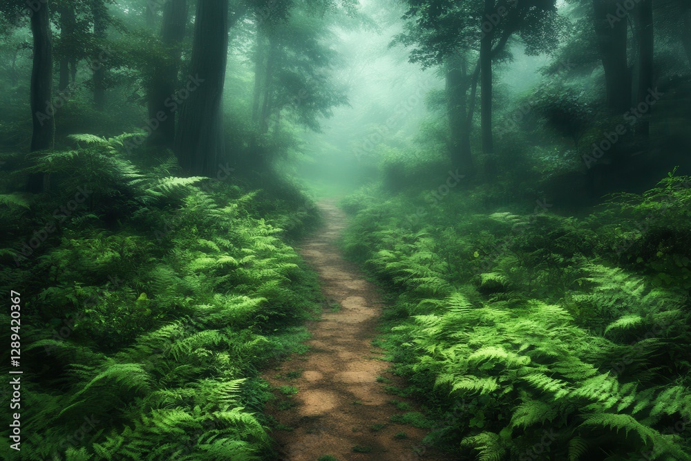 Poster lush green pathway through a misty forest filled with ferns on an early summer morning in a tranquil