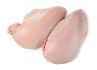 Two raw turkey breasts isolated on white, top view