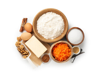 Different ingredients for making carrot cake isolated on white, top view