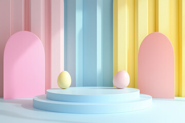 Set of 3D happy easter day background. Yellow, blue, pink and white podium in egg oval shape gate backdrop scene. Platforms mockup product display. Abstract composition minimal design. Stage showcase.