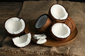 Pieces of cracked coconuts on wooden table