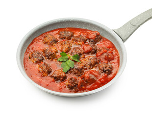 Delicious meatballs with tomato sauce in frying pan isolated on white