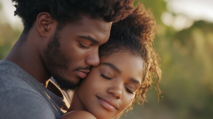 Fototapeta premium Partners share a tender moment of trust as one rests their head on the other's shoulder, surrounded by warmth and tranquility in a natural setting during golden hour