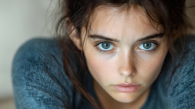 Close-up portrait young woman, serious expression, indoor setting, neutral background, ideal for fashion or beauty