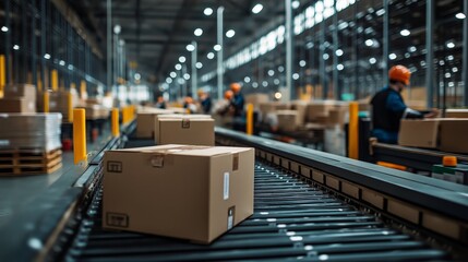 Workers prepare online orders at a busy warehouse pick-and-pack station for efficient e-commerce logistics and order fulfillment in a modern facility
