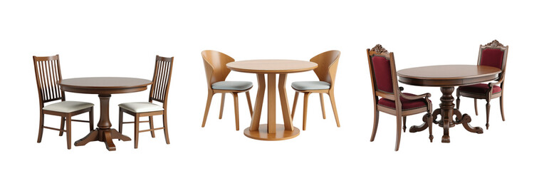 Elegant Assortment of Classic and Modern Wooden Dining Tables with Chairs, Perfect for Home and Restaurant Decor, Isolated on Transparent and White Background