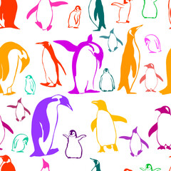 Seamless background penguins. hand drawing. Not AI, Vector illustration
