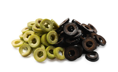 Marinated green and black olive rings isolated on white