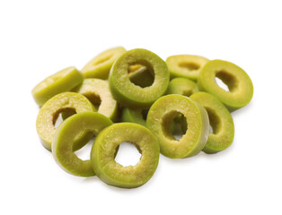 Cut fresh green olive rings isolated on white