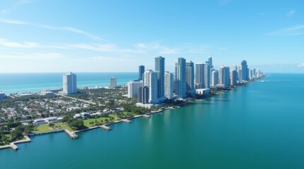 Naklejka premium Aerial shot of Miami skyline on a bright sunny day, with modern skyscrapers and a clear blue sky, ocean visible in the background.