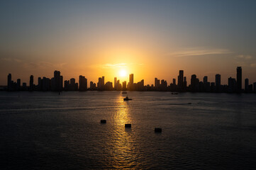 Skyline of Cartagena de Indias by the Caribbean Sea at sunset. Bolivar, Colombia