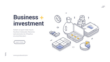 Isometric banner template features illustration related to business and investment. Elements include cash, a calculator, and financial documents, conveying a professional theme. Vector illustration