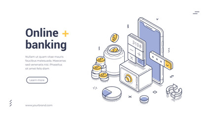 Banner showcase online banking features with detailed isometric designs. Elements include coins, a calculator, and a smartphone, emphasizing modern financial transactions. Vector illustration