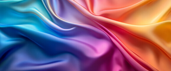 Fototapeta premium Close-up of colorful silk fabric with smooth gradient from blue to purple, pink, and orange, showcasing vibrant colors and soft texture, creating a luxurious appearance.