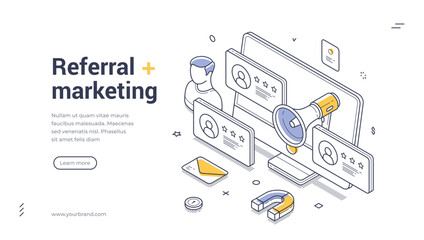 Referral marketing concept isometric web banner template. It includes devices with user profiles and promotional elements for an engaging online presence. Modern vector illustration