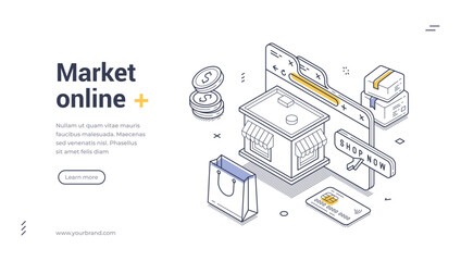 Web banner template features an isometric design showcasing an online market theme. Key elements include shopping bags, coins, and a prominent shop now button, perfect for digital promotions.