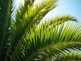 Close-up of vibrant green palm tree fronds, detailed leaf patterns, basking in bright sunlight with a clear tropical sky in the background.