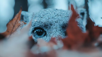 Obraz premium Cat hiding in autumn leaves, forest background, nature wildlife photo