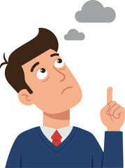 Thoughtful businessman in a blue sweater contemplating gray clouds above him in a flat vector illustration