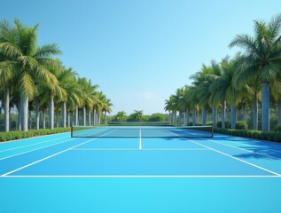 A pristine blue tennis court at the Miami Open venue, framed by tropical palm trees against a clear sky, perfect as a versatile sports background.