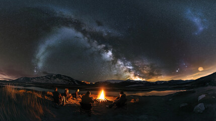 Gathering around a campfire under the starry night sky near a lake in the mountains