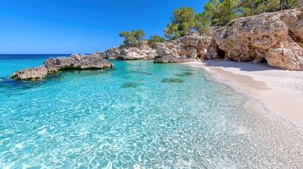 Pristine Mediterranean Beach Cove; Turquoise Water, Sandy Shore, Pine Trees, Sunny Day. Use Stock Photo
