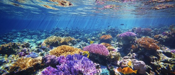 Sunlight dances through crystal-clear water onto a vibrant coral garden, hosting a busy world of tropical fish and marine diversity.