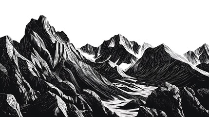 A highly detailed, ultra HD hand-drawn black and white woodcut illustration a mountainous landscape with jagged peaks, valleys, and dramatic textures, isolated on a clean white background