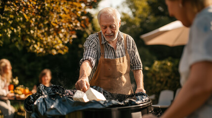 Elderly Neighbor Disposing of Tofu into a Garbage Bin During a Vibrant BBQ Event, Capturing the Contrast of Food Choices in a Social Gathering