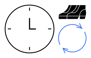 Clock indicating time, blue arrows forming a circle symbolizing cycles and repetition, escalator steps indicating progress. Ideal for time management, productivity, workflow, efficiency, continuous