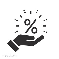 hand with percent, financial benefit icon, customer profit, discount increase or reduction, flat vector illustration