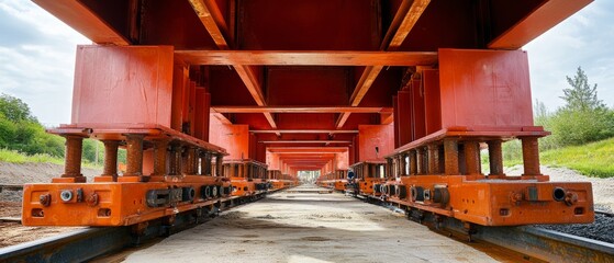 Intricate underbelly of a bridge reveals robust red beams and industrial strength amid a sunny expanse, showcasing engineering brilliance.