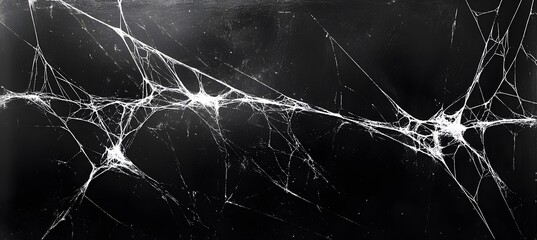 Black background with white spider webs, hanging from the left and right sides of the screen The webs are thin and long,
