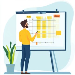 Professional standing by giant whiteboard displaying project Gantt chart