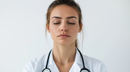 A woman with a white coat and a stethoscope is standing in front of a white wall. Tired doctor after a long shift at the hospital.