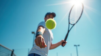 Dynamic shot of a tennis racket in motion during a serve, fast movement blurring the racket, with a bright blue sky and sunlight reflecting off the strings.