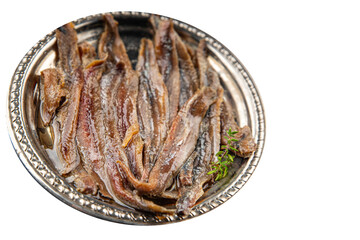 Anchovy fillet fish seafood snack aperitif fresh tasty food dish delicious gourmet food background on the table rustic food top view copy space pescetarian diet