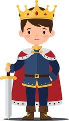 A young boy dressed as a king wearing a crown and cape in a playful flat design vector illustration
