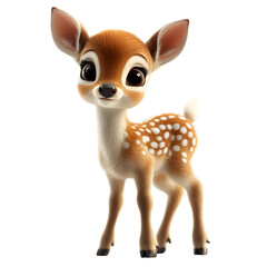 Fototapeta premium Fluffy 3D Cartoon Deer Fawn with Soft Spotted Fur and Big Eyes Isolated on Transparent Background