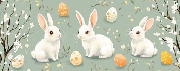 Adorable Pattern with Cute White Bunnies and Colorful Easter Eggs
