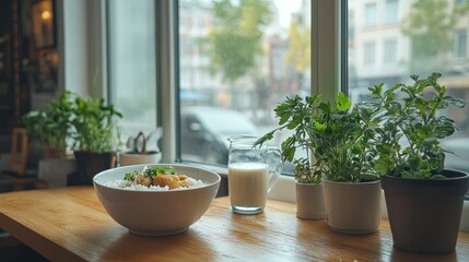 Cafe Rice Dish Window Herbs City View