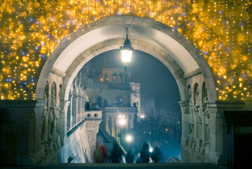View thru Fisherman's bastion arch in foggy night