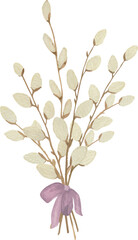 Vector Watercolor Bouquet of willow branches, tied with purple ribbon, bow, Easter,  for Printable Cards invitations greeting cards vector